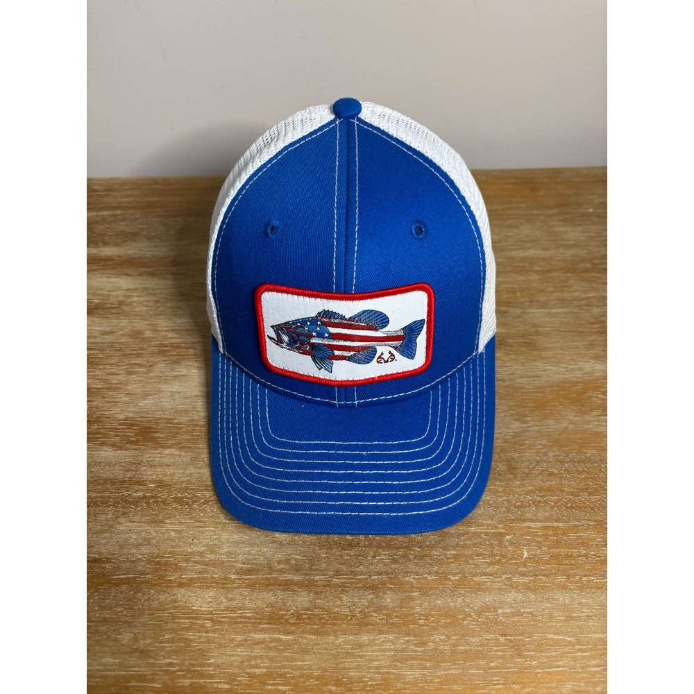Realtree Fishing Colosseum Trucker Hat Blue White Bass American‎ Flag Patch Cap